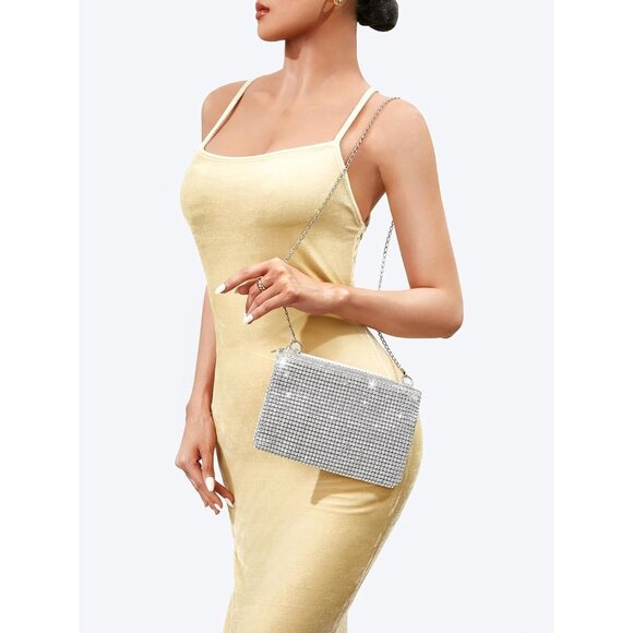 ⚡ Women's Mini Silver Shiny Glitter Rhinestone Square Sparkle Evening Clutch Bag - Picture 2 of 7